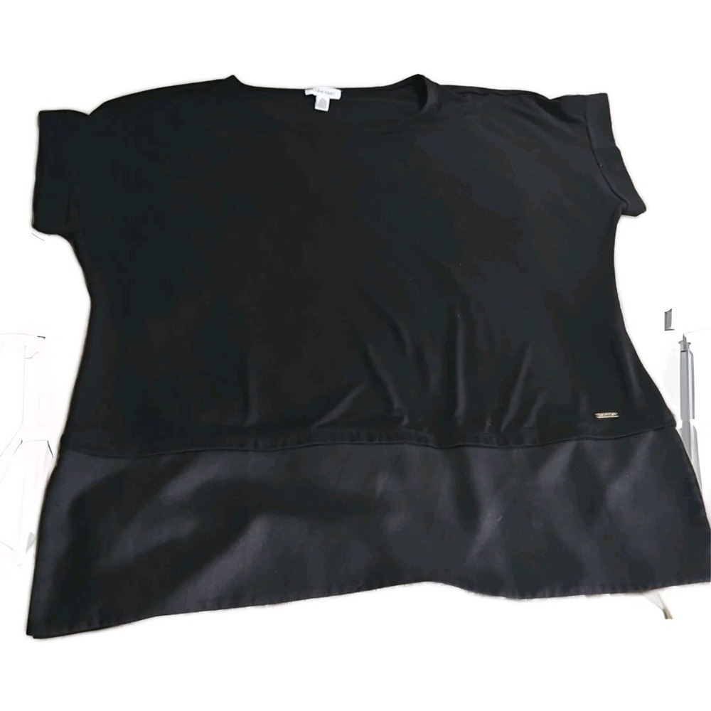 Calvin Klein XL Black Blouse Cap‎ Sleeve Layer-Look Hem Business Casual #333